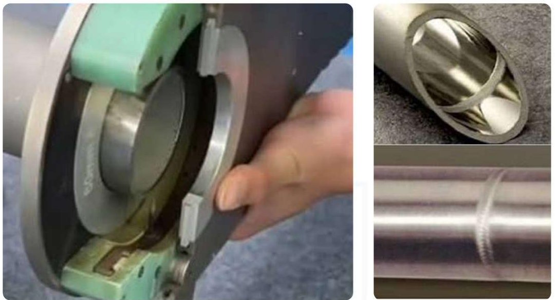 Enclosed orbital TIG weld head clamped on stainless steel tube